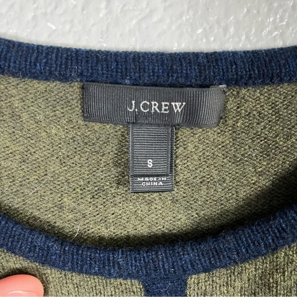 J. Crew 100% Wool Olive Crewneck Sweater‎ with Navy Contrast Trim Women’s Small